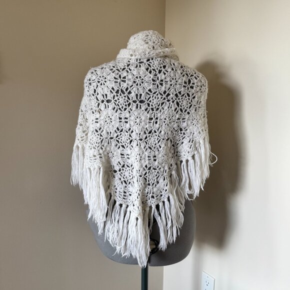 Handmade Crochet Shawl Wrap Ivory Fringe Boho Cottagecore - Picture 4 of 10